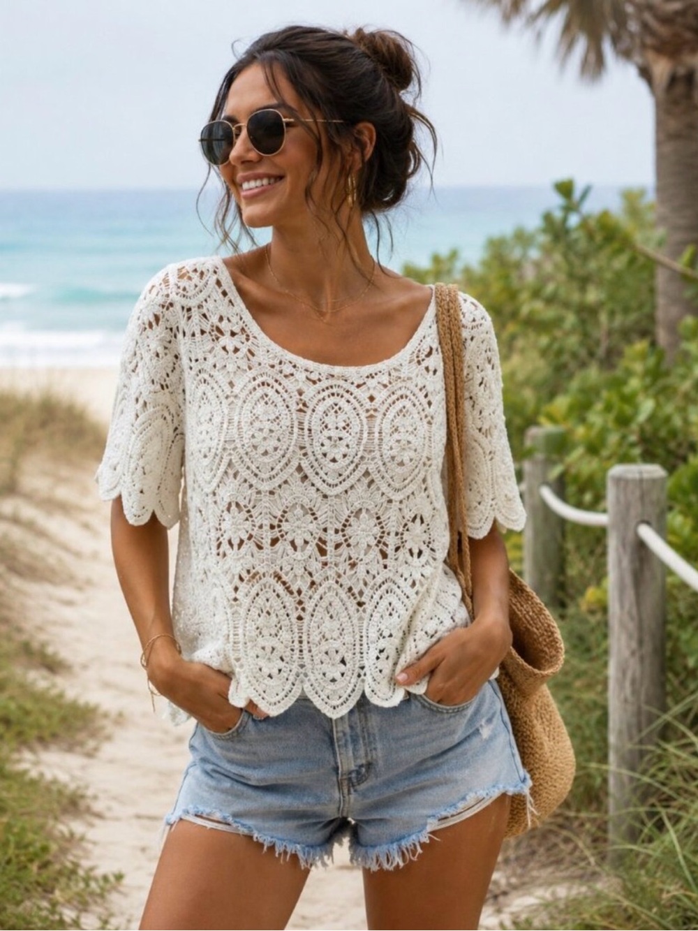 Solitaire Crochet Scoop-Neck Blouse